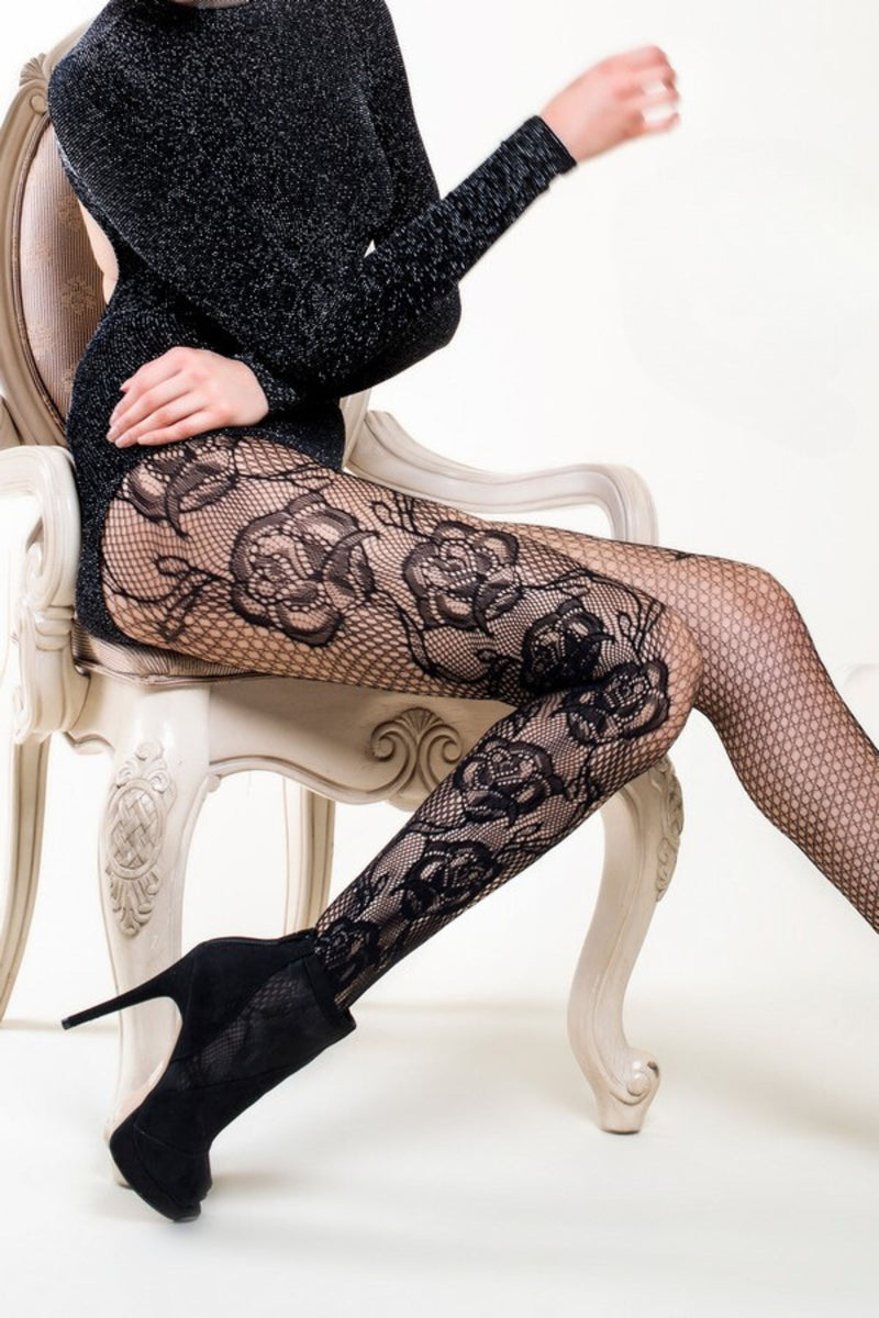 Plus Size Etched Side Roses Lady's Fishnet Tights