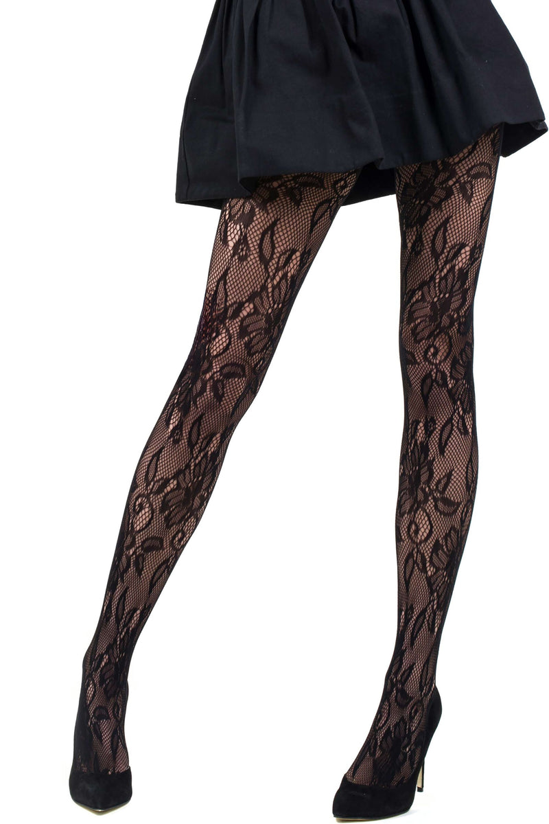 Plus Size Lady's Black Blossom Floral Tights