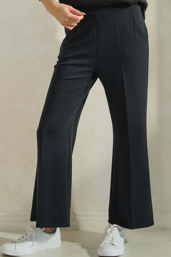Black Cropped Modal Scuba Relaxed Fit Pants with Pockets 