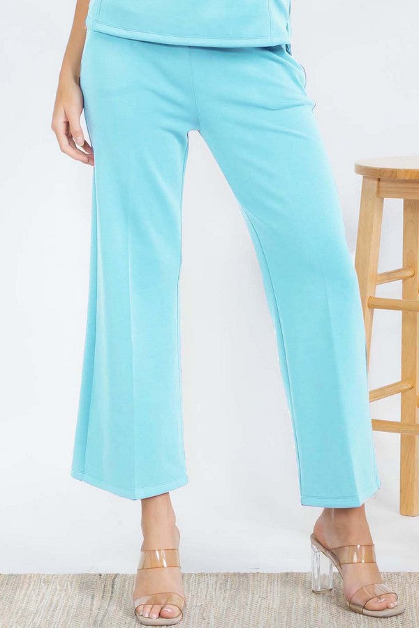 Light Blue Cropped Modal Scuba Relaxed Fit Pants with Pockets 
