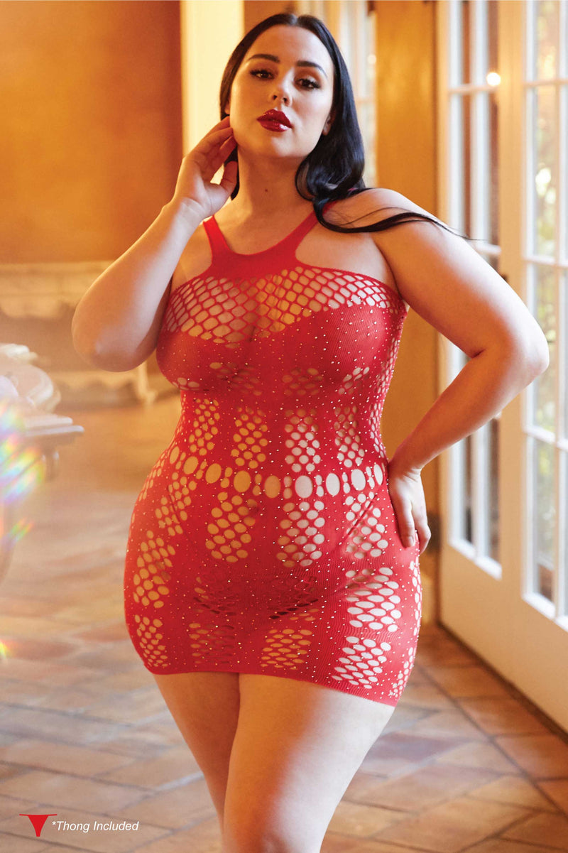 Plus Size Studded Corset Fishnet Dress Thong Included