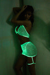 White 2-Piece Glow in the Dark Fishnet Bralette & Mini Skirt Lingerie Set, One Size