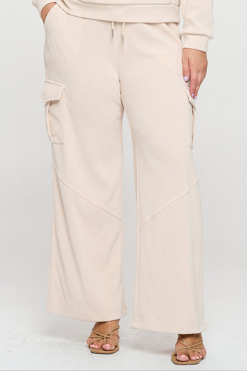 Ivory Wide Leg Cargo Pants with Drawstring Waist and Side Pockets