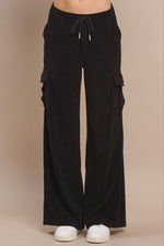 Black Relaxed Wide Leg Corduroy Drawstring Cargo Pants with Side Pockets
