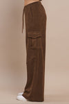 Brown Relaxed Wide Leg Corduroy Drawstring Cargo Pants with Side Pockets
