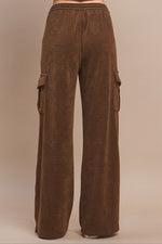 Brown Relaxed Wide Leg Corduroy Drawstring Cargo Pants with Side Pockets