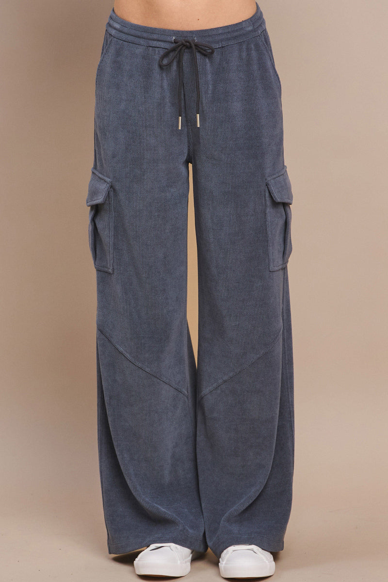 Denim Blue Relaxed Wide Leg Corduroy Drawstring Cargo Pants with Side Pockets