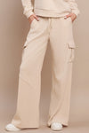 Ivory Womens Relaxed Wide Leg Corduroy Drawstring Cargo Pants with Side Pockets
