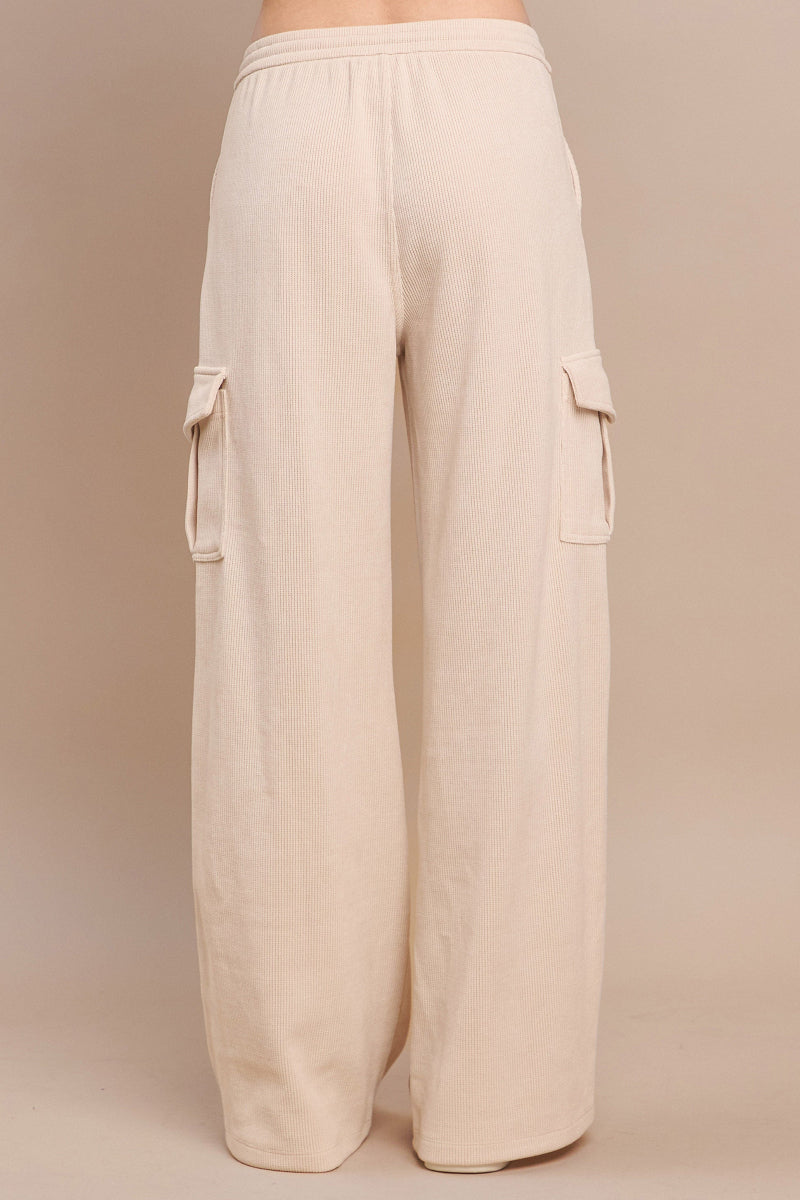 Ivory Womens Relaxed Wide Leg Corduroy Drawstring Cargo Pants with Side Pockets