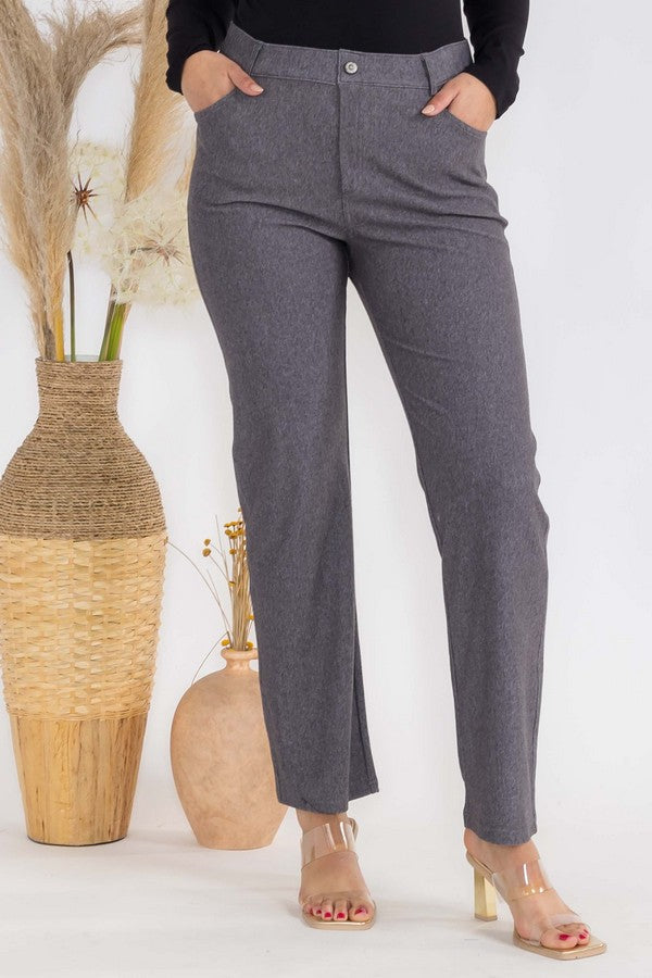 Front View of Grey Straight Leg Jeggings, Denim Leggings, Elastic Waist Jean Pants for Women