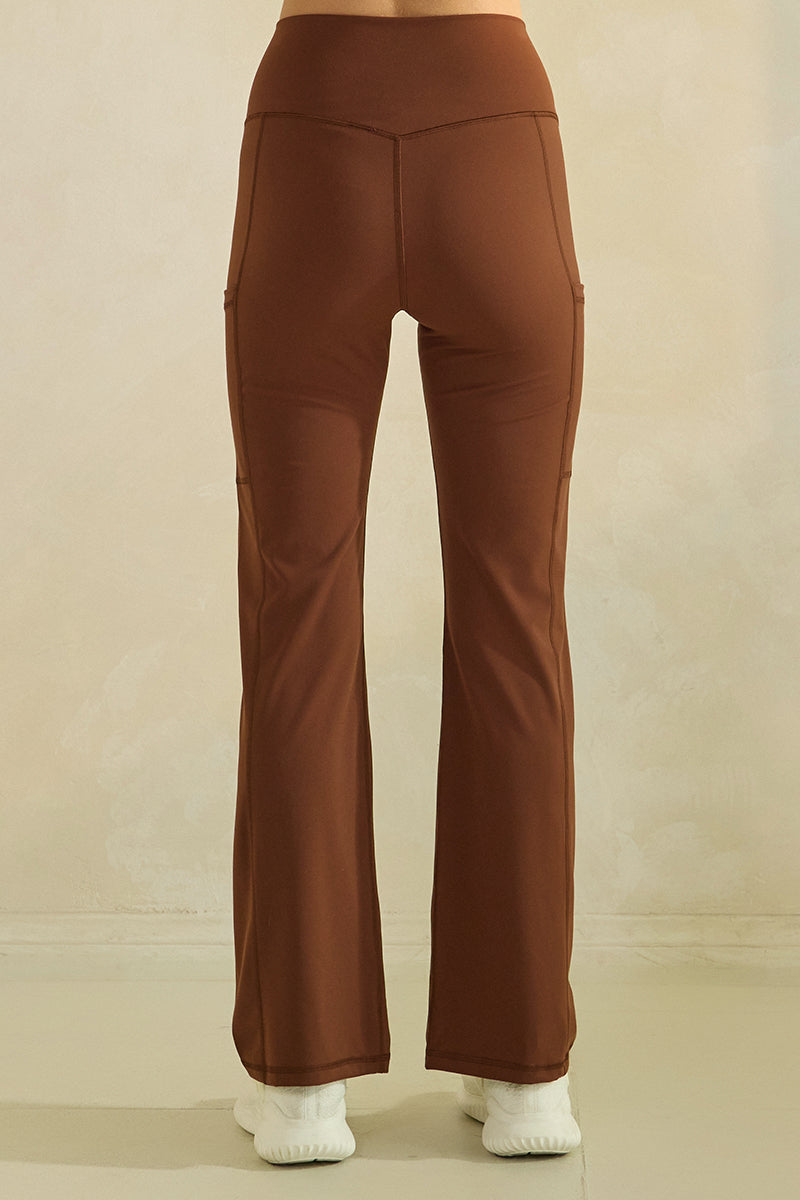 Women’s High Waist Straight Leg Active Pants with Pockets, Sizes S to L Available, Brown