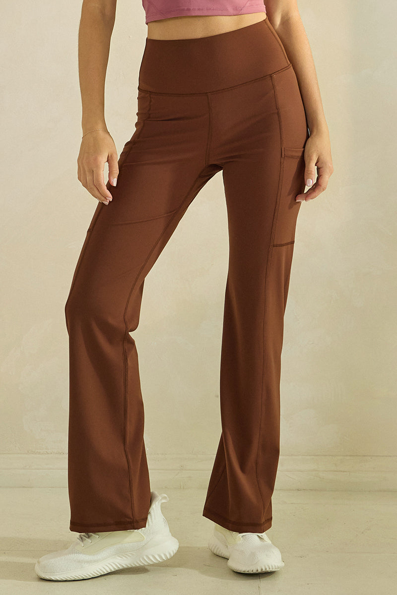 Women’s High Waist Straight Leg Active Pants with Pockets, Sizes S to L Available, Brown