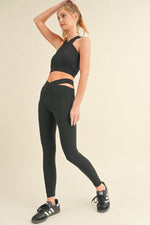 Halter Neck Cross Strap Cropped Active Top with Cross Band active Leggings, 2-Piece Set, Black
