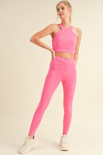 Halter Neck Cross Strap Cropped Active Top with Cross Band active Leggings, 2-Piece Set, Fuchsia