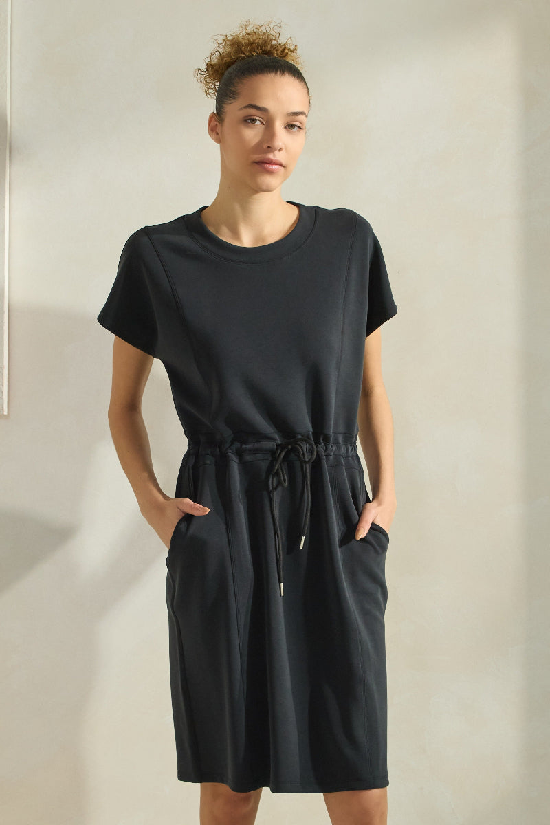Women’s Black Sofie Soft All-Day Knee Length Short Dress with Waist Cinch Drawstring 