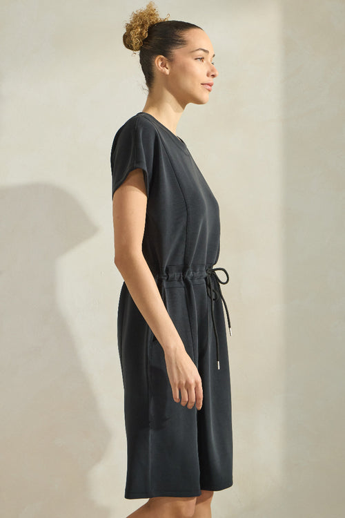 Women’s Black Sofie Soft All-Day Knee Length Short Dress with Waist Cinch Drawstring 