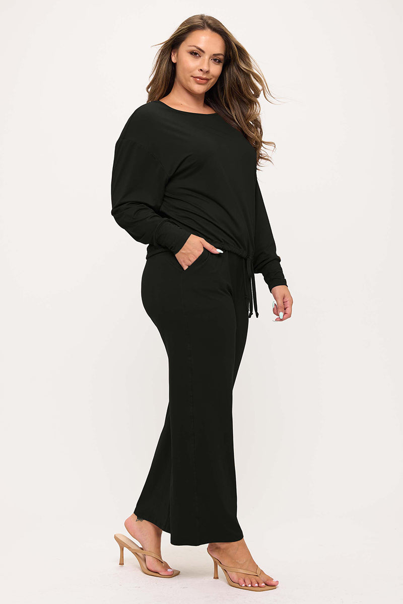 Women’s Relaxed Fit Tie Hem Long Sleeve Top and Loose Fit Pants