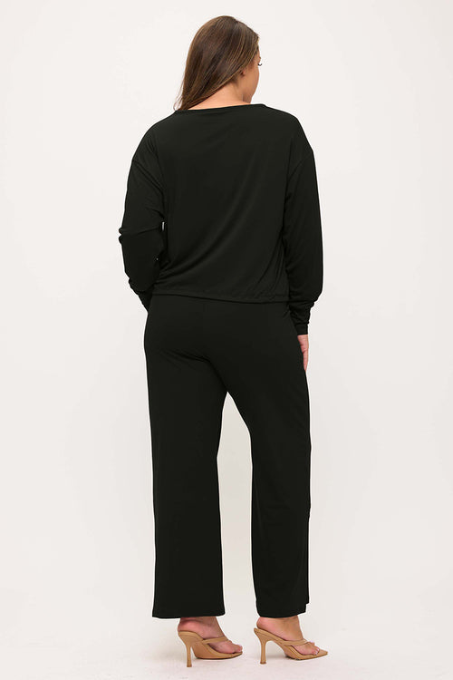 Women’s Relaxed Fit Tie Hem Long Sleeve Top and Loose Fit Pants