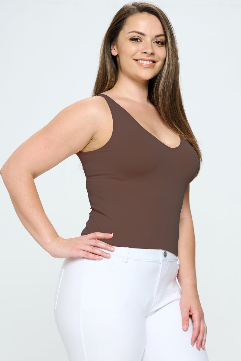 Women's Seamless Reversible V-Neck Tank Top - Wide shoulder straps -  V-neckline - Back scoop neck - Fitted silhouette - Seamless design -  Buttery soft fabrication with stretch - Longline hem 