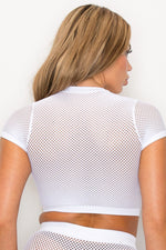 Women's Sheer Short Sleeves Fishnet Crop Top