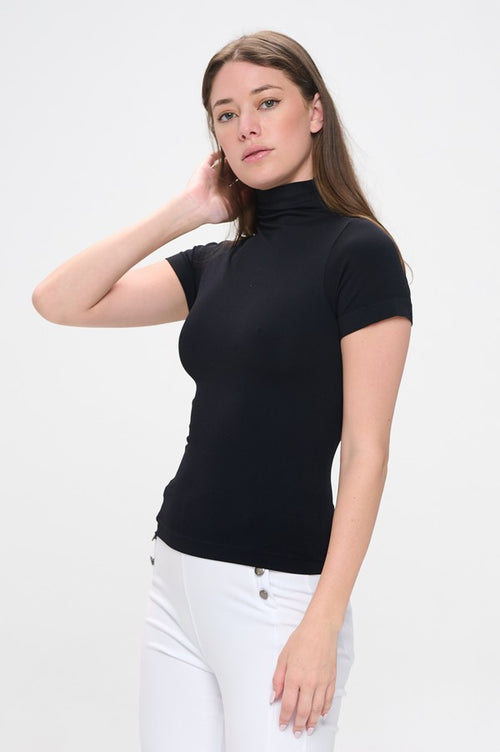 Women's Black Short Sleeve Mock Neck Essential Top Shirt, One Size