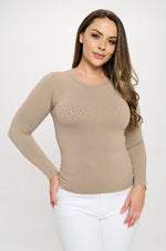 Light Mocha Women’s Seamless Long Sleeve Round Crew Neck Stretchy Top 