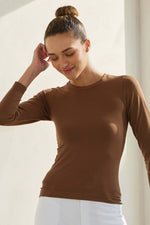 Coffee Women’s Seamless Long Sleeve Round Crew Neck Stretchy Top 