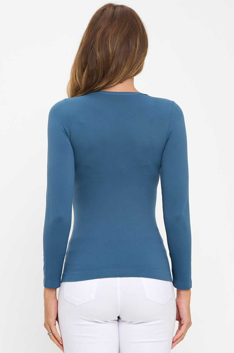 Denim Women’s Seamless Long Sleeve Round Crew Neck Stretchy Top 