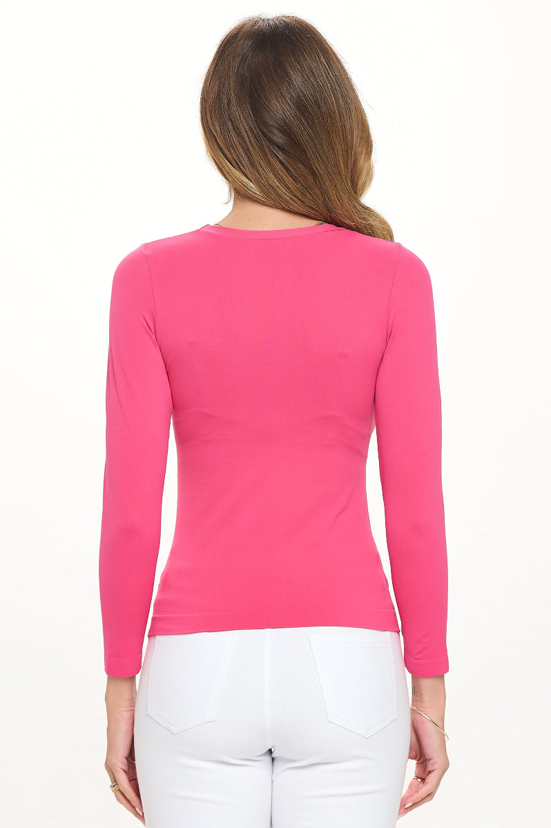 Fuchsia Women’s Seamless Long Sleeve Round Crew Neck Stretchy Top 