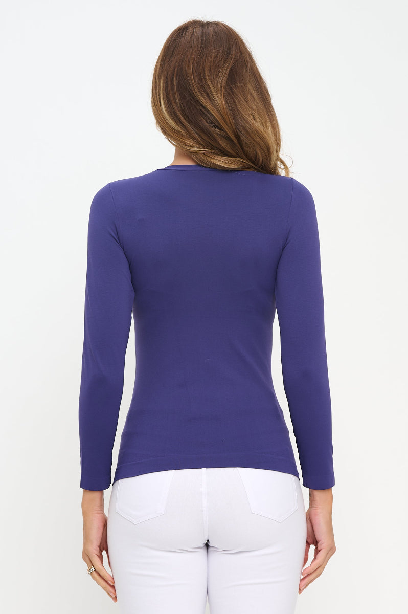 Midnight Blue Women’s Seamless Long Sleeve Round Crew Neck Stretchy Top 