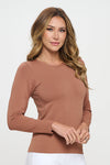 Mocha Women’s Seamless Long Sleeve Round Crew Neck Stretchy Top 