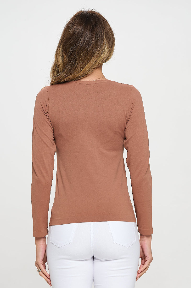 Mocha Women’s Seamless Long Sleeve Round Crew Neck Stretchy Top 