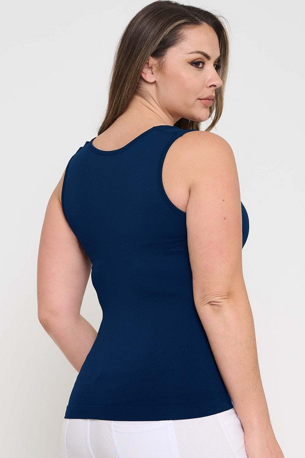 Navy Blue Women’s Scoop Neck Essential Seamless Sold Tank Top – One Size Plus Size
