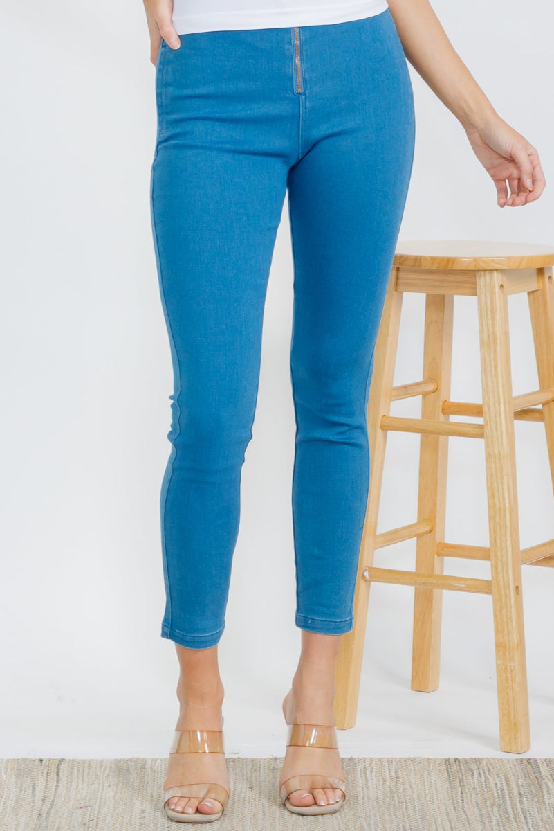 High Waist Skinny Leg Jeggings with Center Zipper - Denim Blue