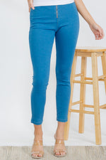 High Waist Skinny Leg Jeggings with Center Zipper - Denim Blue