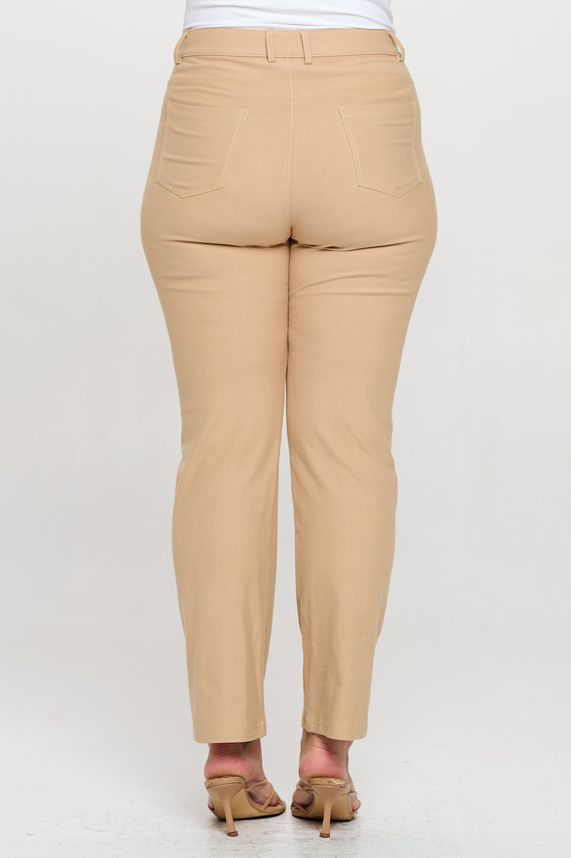 Back View of Camel Colored Straight Leg Jeggings, Denim Leggings, Elastic Waist Jean Pants for Women