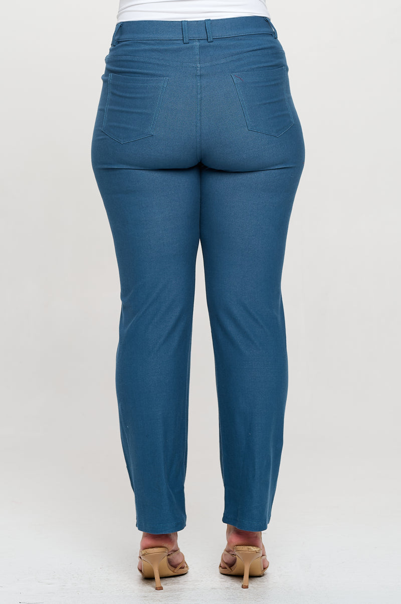 Back View of Teal Straight Leg Jeggings, Denim Leggings, Elastic Waist Jean Pants for Women