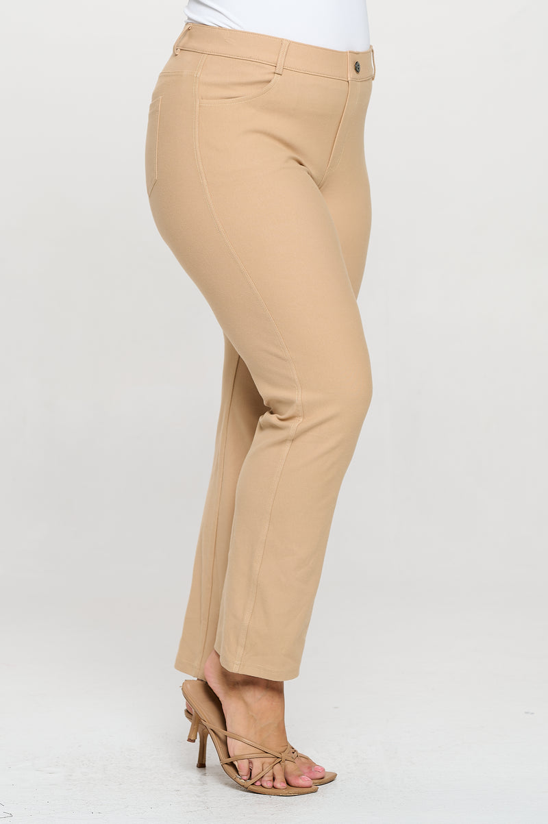 Side View of Camel Colored Straight Leg Jeggings, Denim Leggings, Elastic Waist Jean Pants for Women