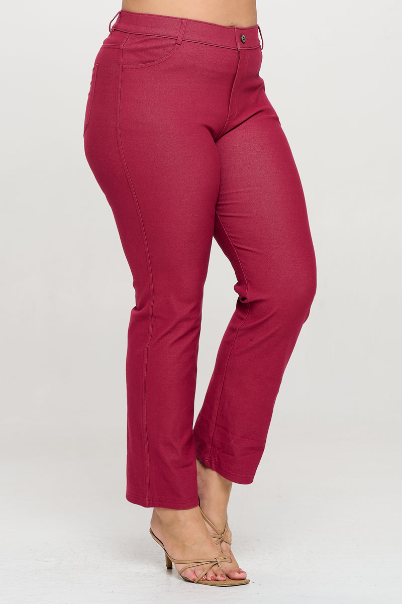 Side View of Burgundy Straight Leg Jeggings, Denim Leggings, Elastic Waist Jean Pants for Women