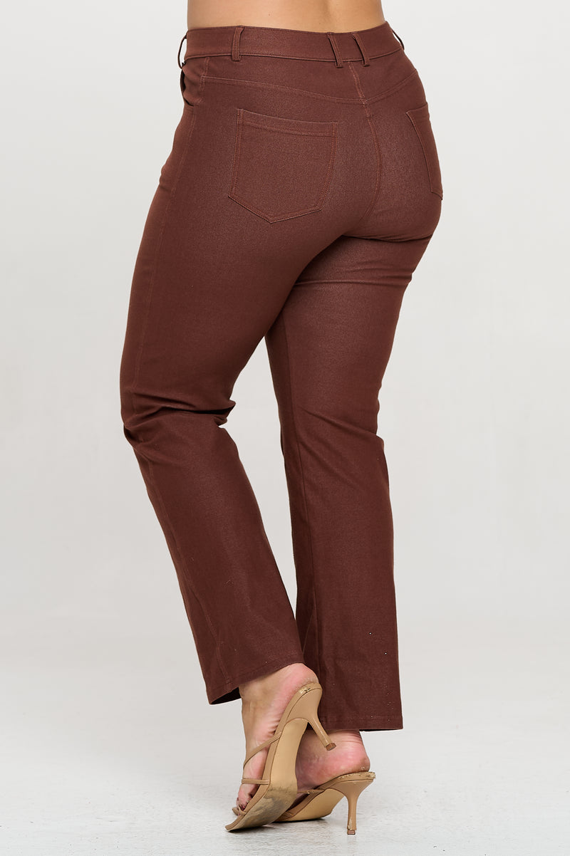 Back Side View of Coffee Colored Straight Leg Jeggings, Denim Leggings, Elastic Waist Jean Pants for Women