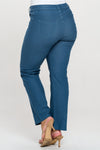 Back Side View of Teal Straight Leg Jeggings, Denim Leggings, Elastic Waist Jean Pants for Women