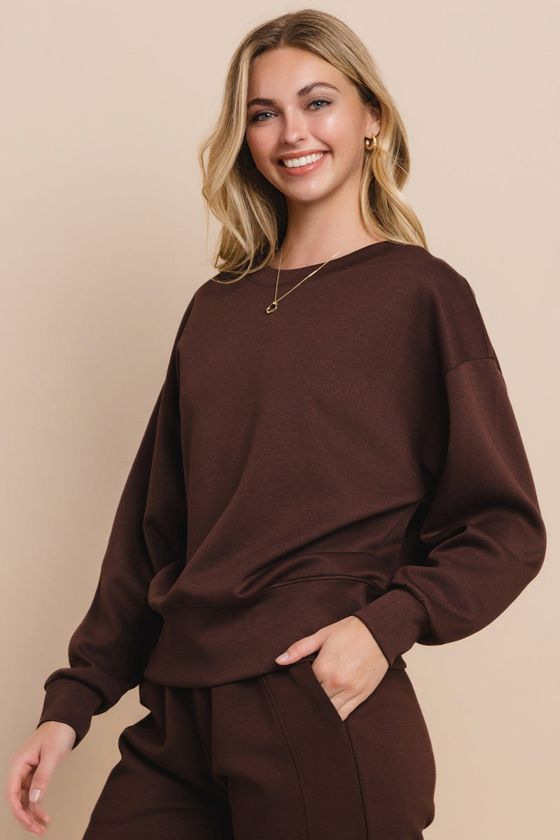 Coffee Women’s Ultra Soft Scuba Crew Neck Long Sleeve Sweater Top