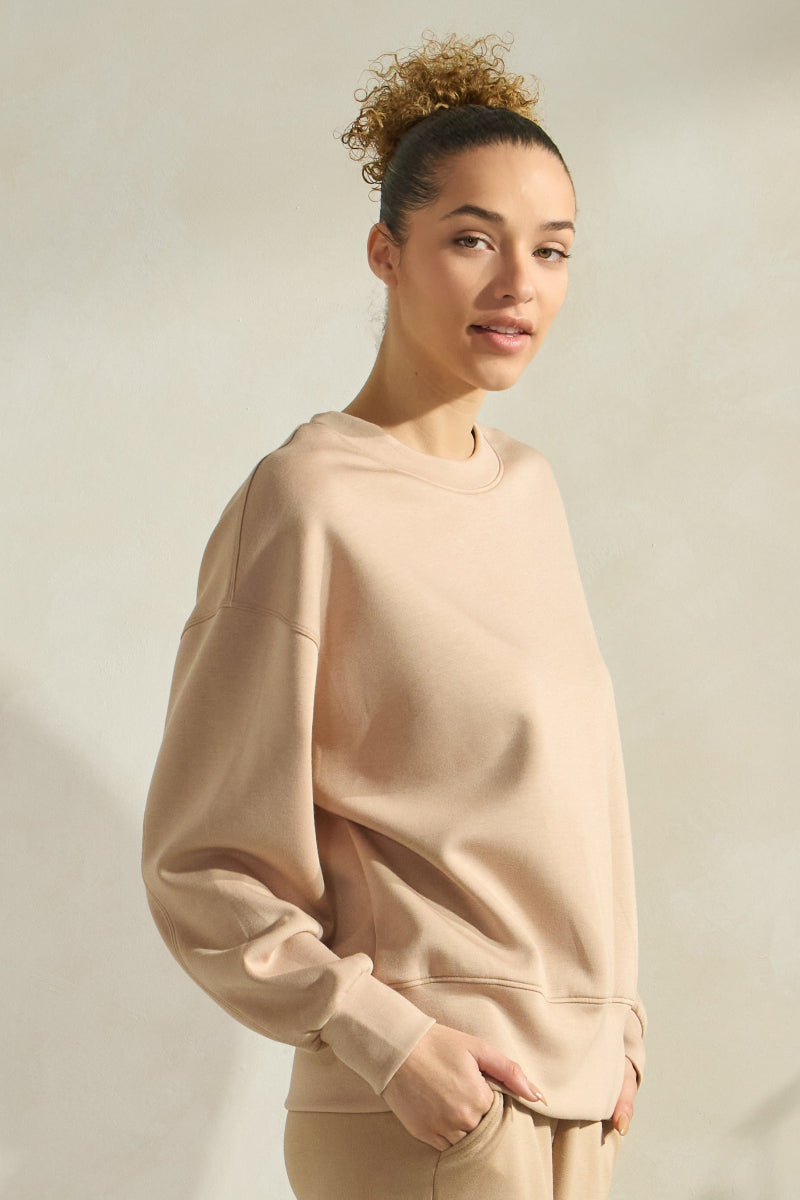 Light Khaki Women’s Ultra Soft Scuba Crew Neck Long Sleeve Sweater Top