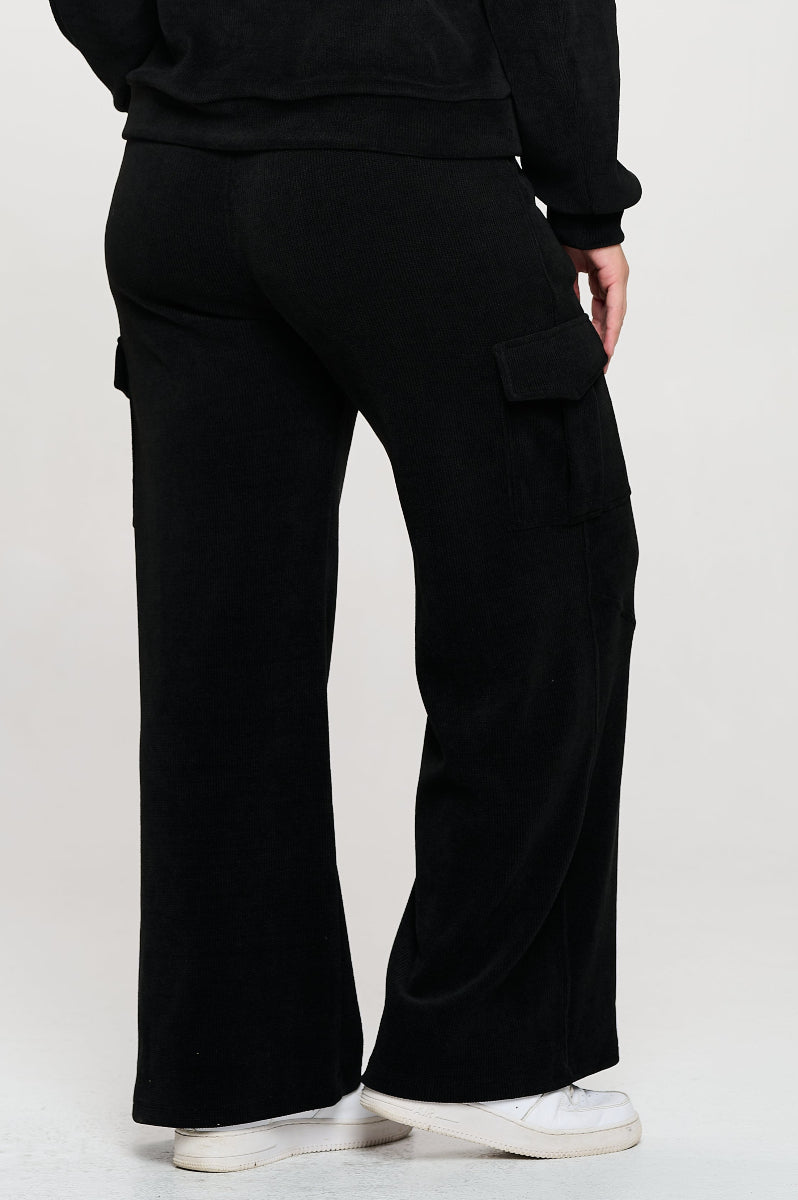 Black Wide Leg Cargo Pants with Drawstring Waist and Side Pockets