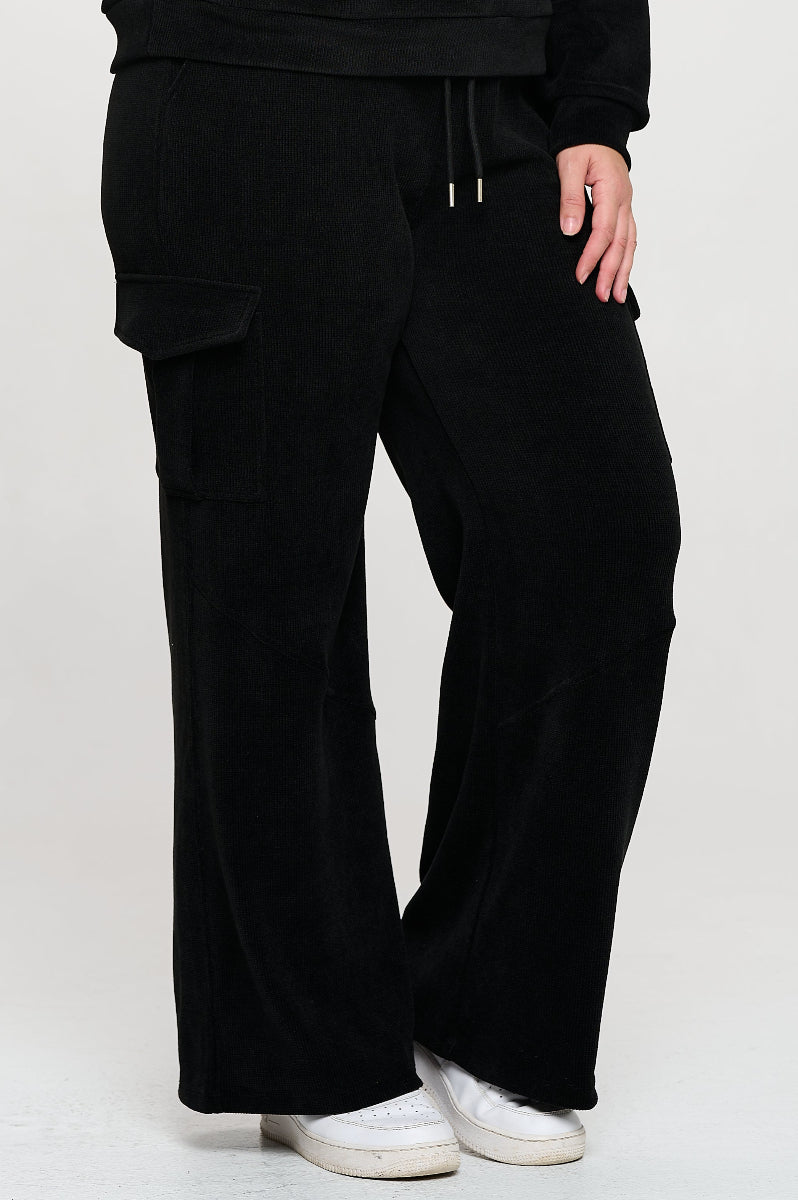 Black Wide Leg Cargo Pants with Drawstring Waist and Side Pockets