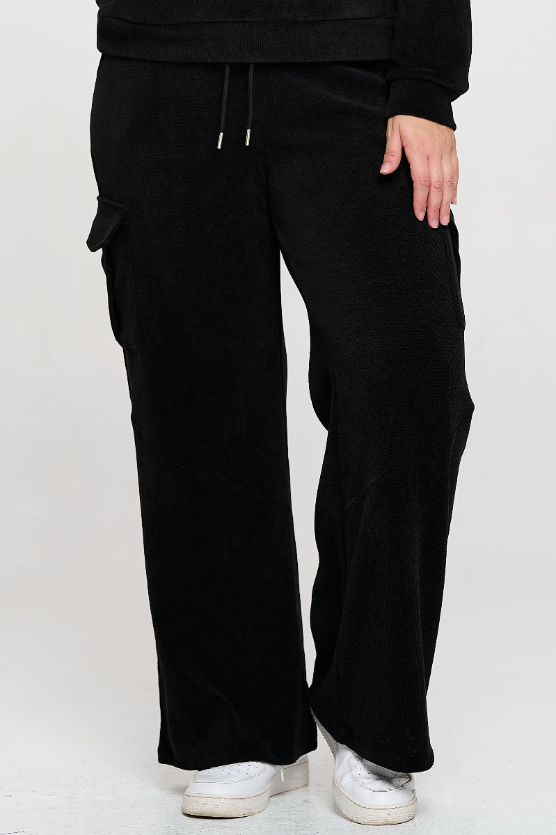 Black Wide Leg Cargo Pants with Drawstring Waist and Side Pockets