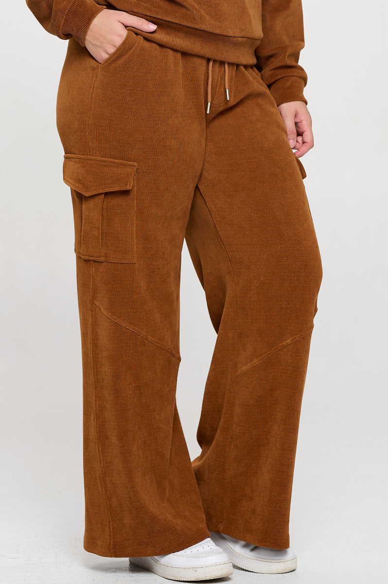 Copper Wide Leg Cargo Pants with Drawstring Waist and Side Pockets