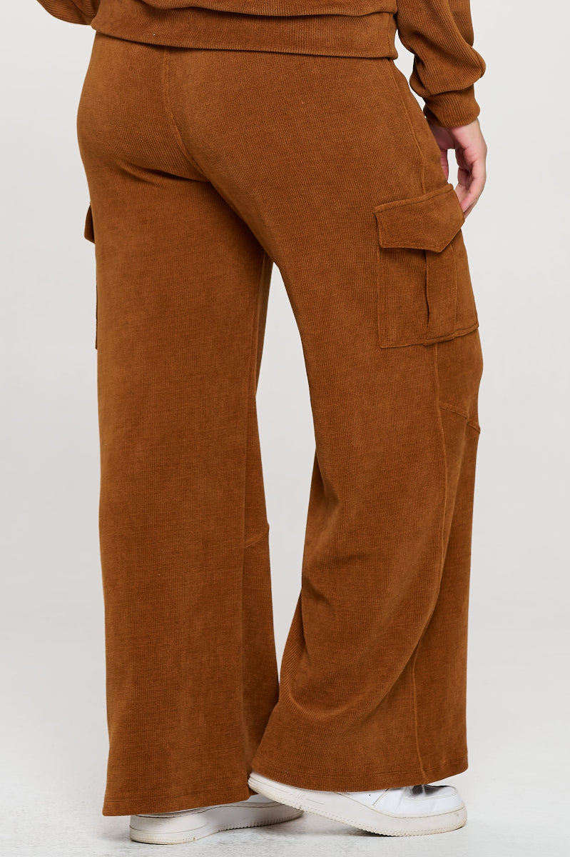 Copper Wide Leg Cargo Pants with Drawstring Waist and Side Pockets