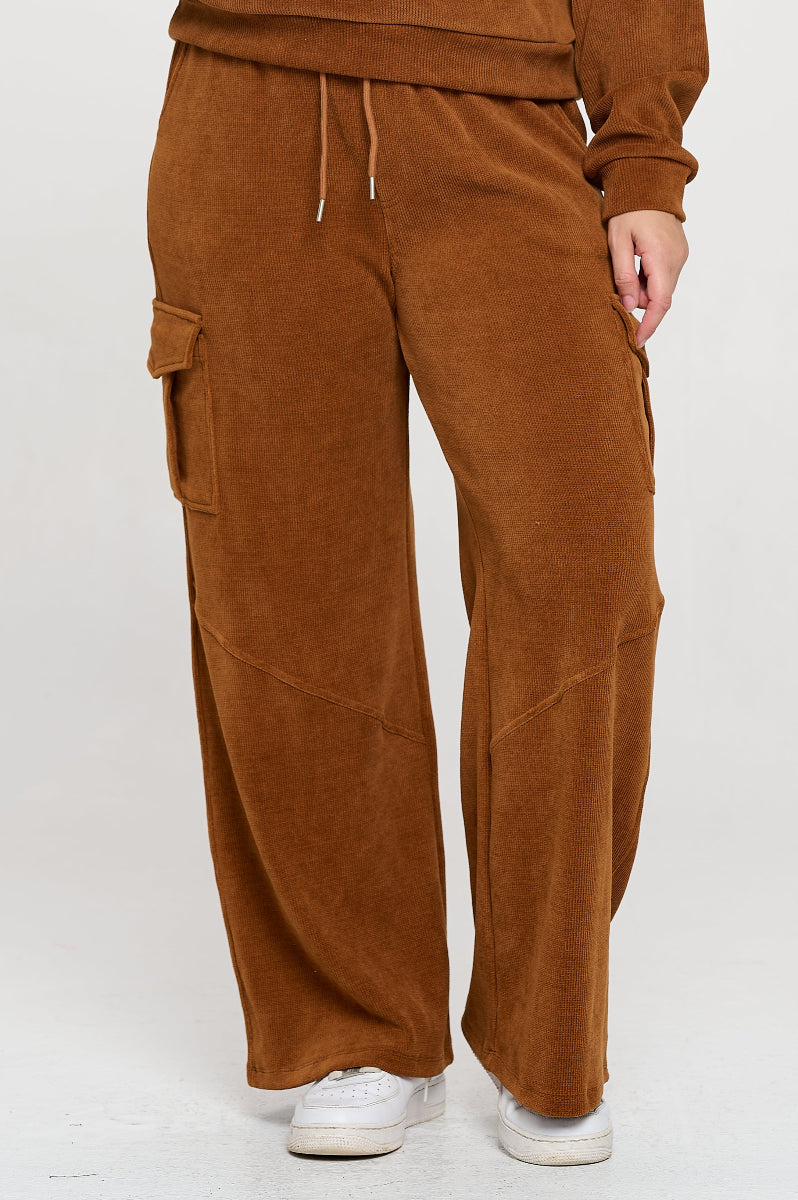 Copper Wide Leg Cargo Pants with Drawstring Waist and Side Pockets