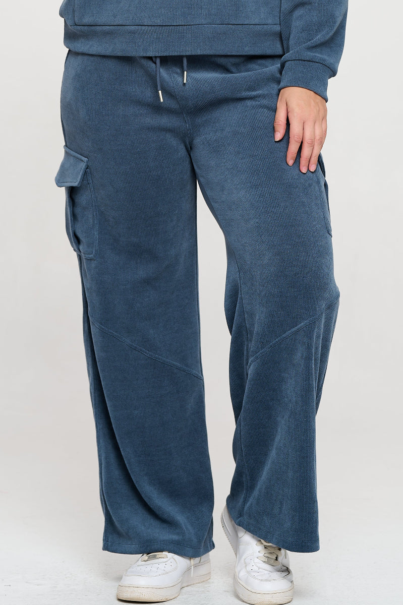 Denim Blue Wide Leg Cargo Pants with Drawstring Waist and Side Pockets